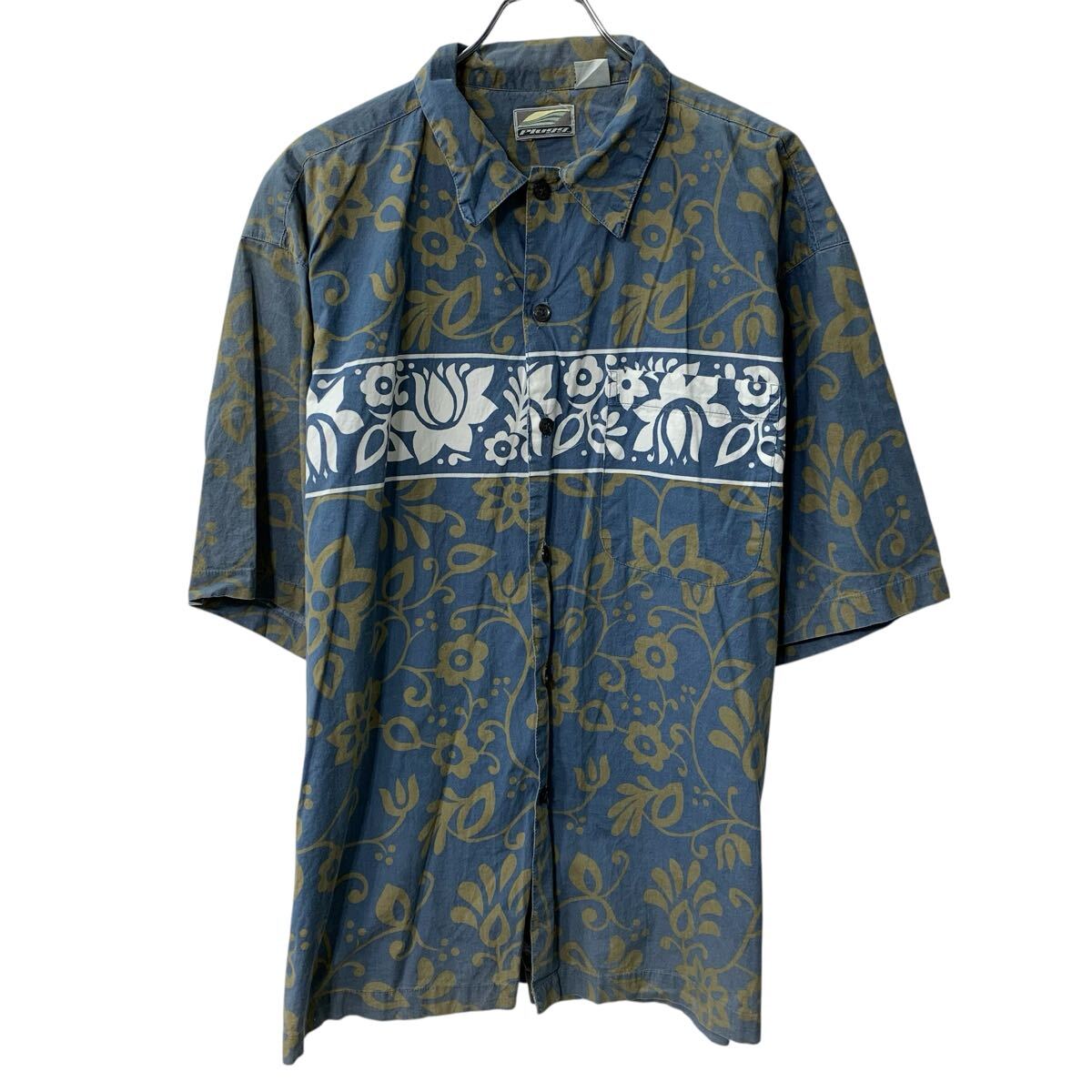 中古 古着 Plugg 半袖 総柄シャツ XL ブルー マルチカラー ボタン アロハ柄 花 総柄 胸ポケット コットン1…