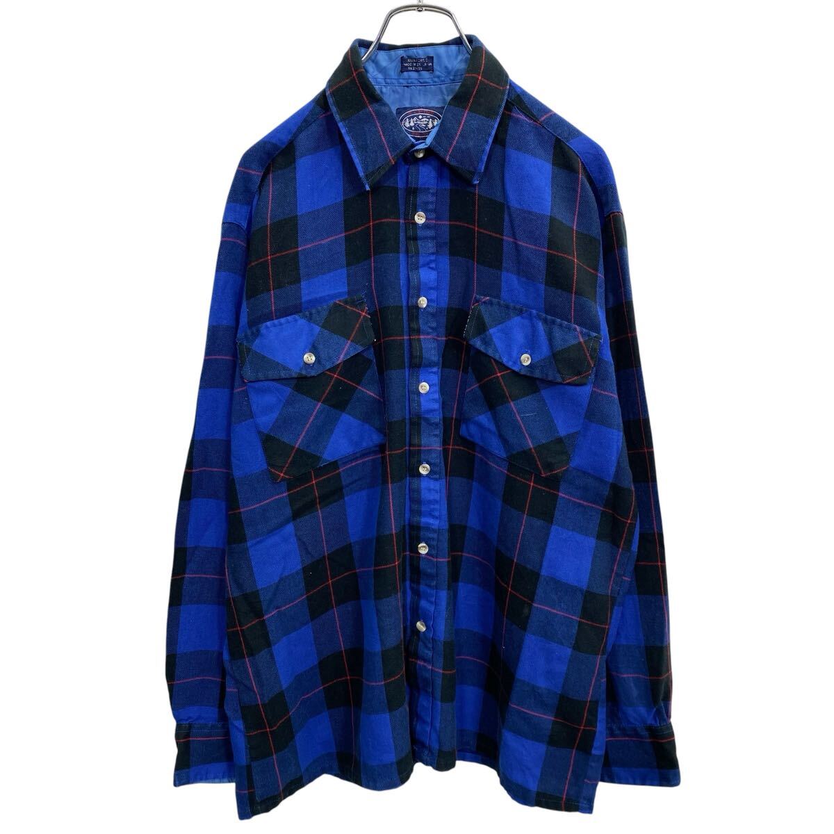 【中古】【古着】 ALPINE TRAIL 長袖 チェックシャツ L ブルー ブラック ダブルポケット アクリル100% ネルシャツ 春秋物 a809-5198