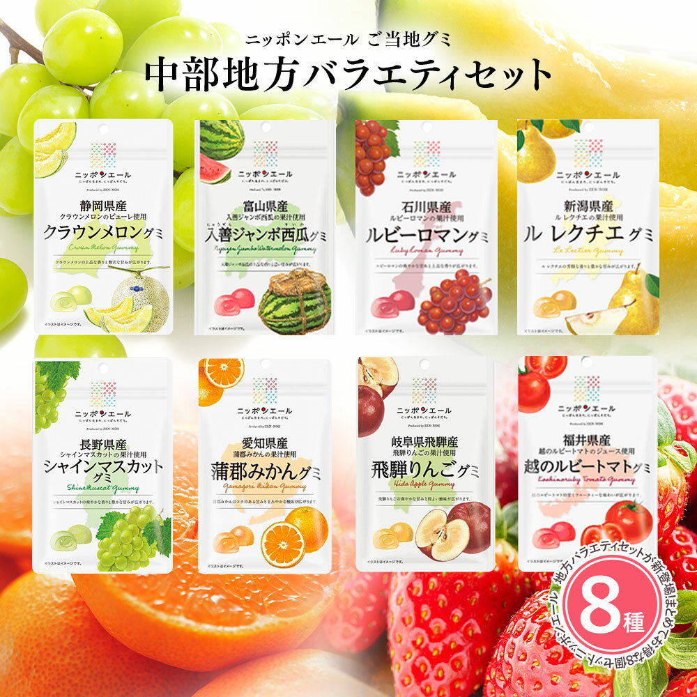 【中部地方バラエティセット 8種】全国農協食品 ニッポンエール ご当地グミ ご当地 お菓子 グルメ お土産 名産 果実グミ アソート シャインマスカット クラウンメロン マイヤーレモン