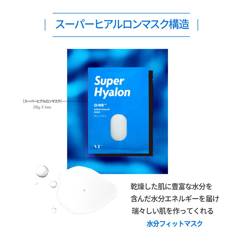 AD_【VT公式】【VT スーパーヒアルロン マスク（6枚入り）VT SUPER HYALON MASK】シートマスク フェイスマスク パック 顔パック ヒアルロン酸 水分 鎮静ケア うるおい 弾力 弾力 肌キメ 水分補給 ツヤ肌 栄養供給 集中ケア スキンケア 保湿 メンズ 韓国 コスメ 韓国コスメ 顔