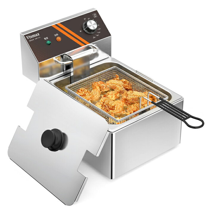 Vtsmax 10L 業務用電気フライヤー 家庭用 1500W 5リング加熱管 急速予熱 50-200℃精密温度制御 304ステンレス油槽 フライバスケット付き 自動保温 天ぷら/から揚げ/フライに 100V