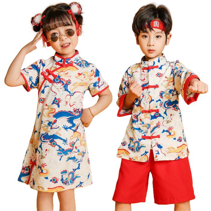 親子ペアルック 家族お揃い 親子服 親子コーデ 漢服 中華風 民族風 チャイナ風 刺繍 竜 総柄 夏 女の子..