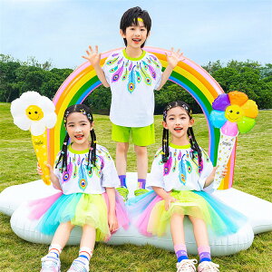 ダンス衣装 子供服 ダンスウエア 女の子 男の子 子供 夏 夏服 セットアップ 上下セット 孔雀の羽 Tシャツ 半袖 パンツセット ハーフパンツ チュールスカート ショートスカート tutu 切り替え 練習着 舞台衣装 応援団 演出服 団体服 合唱服 運動会 体育祭 記念撮影 110-180cm