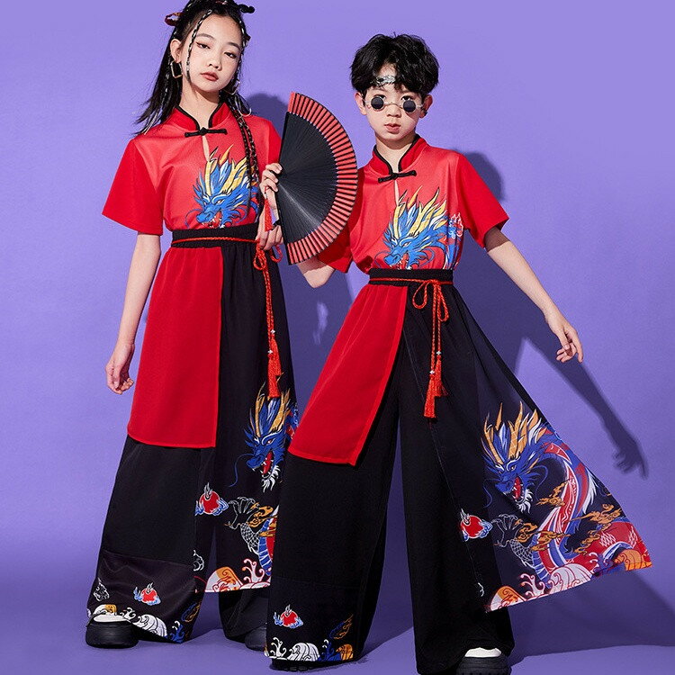 ダンス衣装 女の子 男の子 キッズ 子供服 セットアップ 上下セット 2点セット 中華風 チャイナ風 竜絵 ..