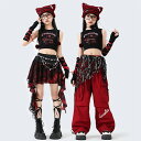 ダンス衣装 子供服 キッズ 女の子 ヒップホップ ジャズダンス 3点セット 4点セット セットアップ タンクトップ ノースリーブ トップス ロングパンツ ワイドパンツ ショートスカート チェックスカート 袖カバー付き エプロン ベルト 練習着 HIPHOP 演出服 団体服 120-180cm