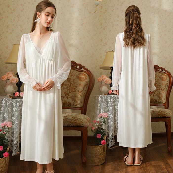 ネグリジェ 長袖 ロング丈 パジャマ ワンピース ドレス ワンピースパジャマ お姫系 Vネック レース ル..
