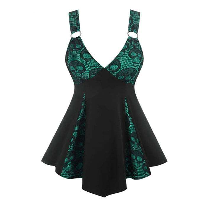 ハロウイン レース ワンピース Vネック セクシー キャミソール 暗黒系 ドレス ゴシック風 髑髏 配色 コ..