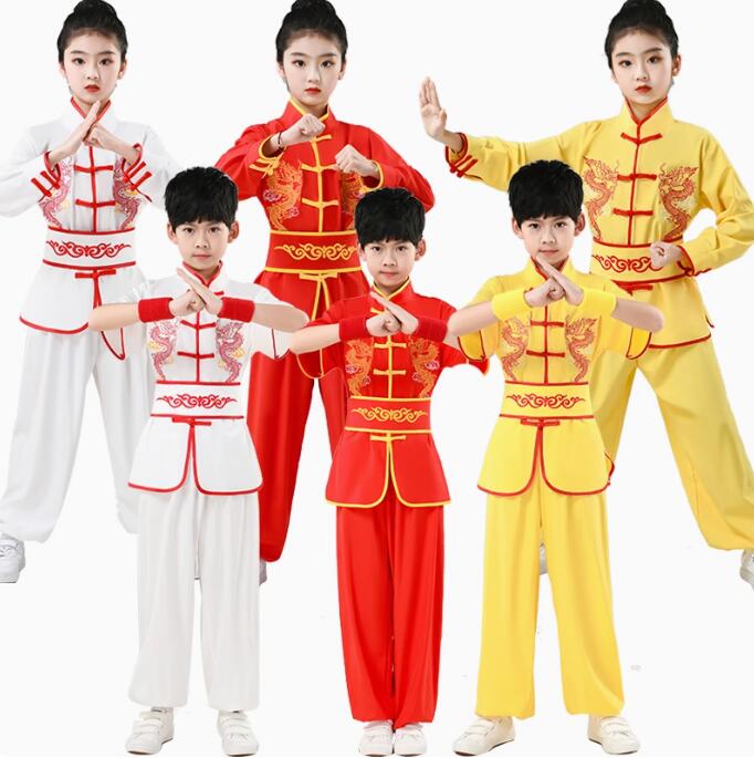 子供カンフー衣装 半袖/長袖2タイプ　武術 両龍刺繍 3色子供ダンス衣装 武術 太極拳 ウエア 大人 ロン..