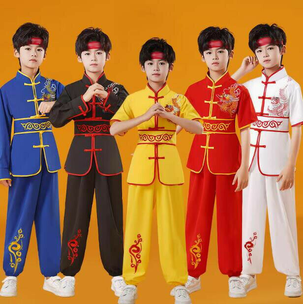 子供カンフー衣装 半袖　武術 龍刺繍 5色子供ダンス衣装 武術 太極拳 ウエア 大人 ロングパンツ 男女兼..