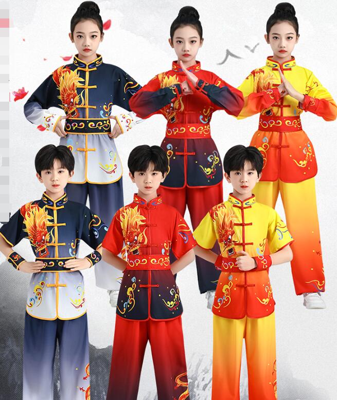 子供カンフー衣装 龍プリント 子供武術服 大人着用可能 半袖/長袖2タイプ武術 ベルト付き3色子供ダンス..
