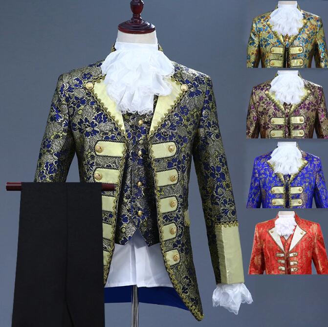 男性用ステージ衣装 スーツセット 王子 欧米宮廷風演出服6点セット 長袖 キルティング刺繍 5色スーツジャケット 黒ズボン 総柄ベスト フリルつけ襟 つけ袖 ミ...
