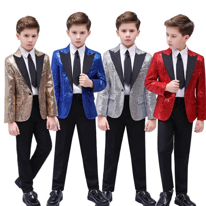 子供用スーツ スパンコールジャケット スーツセット ステージ衣装4色スーツジャケット 黒ズボン 舞台服 ネクタイ スパンコールコート 黒パンツ 白シャツ イベン...