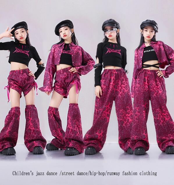 子供ダンス衣装 豹柄コート 長袖Tシャツ ミニパンツ チアガール 女の子ジャズダンス 長袖Tシャツ セットアップ ステージ衣装 ヒップホップ パンツ 演奏服 練...