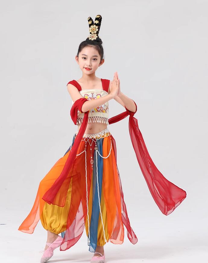 中華風ダンス衣装 キッズダンス衣装 古典ダンス 衣装 シフォン ストール付きガウチョパンツ民族ダンス ..