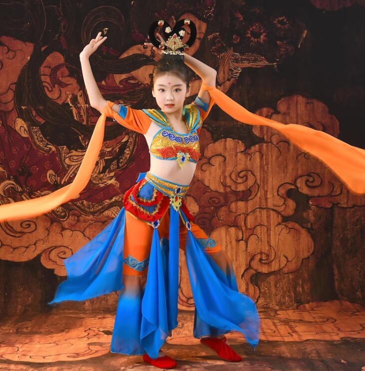 子供 中華古典ダンス 衣装 ストール付き4点セット ラッパパンツ 中華古典 民族ダンス 衣装 中華敦煌舞..