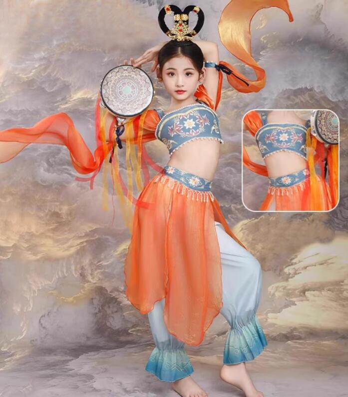 子供ダンス衣装 中華風ダンス衣装 キッズ古典ダンス 衣装 シフォン ストール付きガウチョパンツ民族ダ..