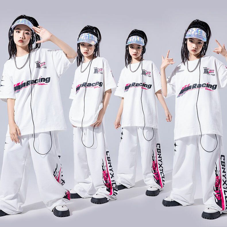 白色 レーシング 白 tシャツ キッズ ダンス衣装 セットアップ ファッション 女の子 男の子 半袖 ゆった..