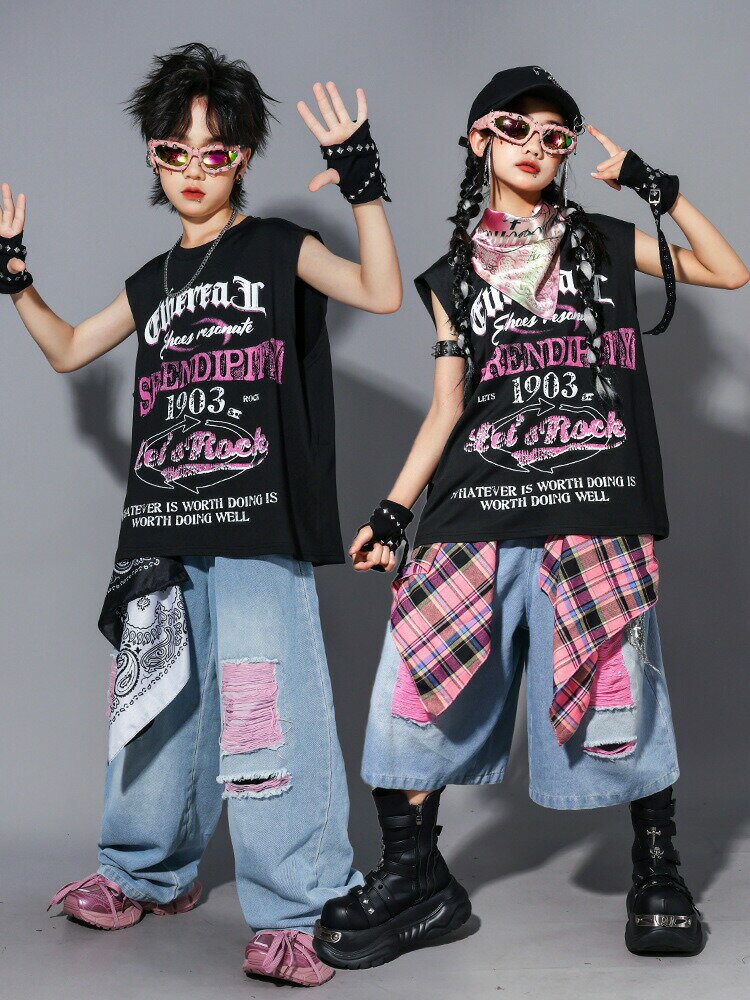 キッズ ダンス 衣装 黒 デニム セットアップ タンクトップ ジーパン ガールズ ボーイズ トップス ブラ..