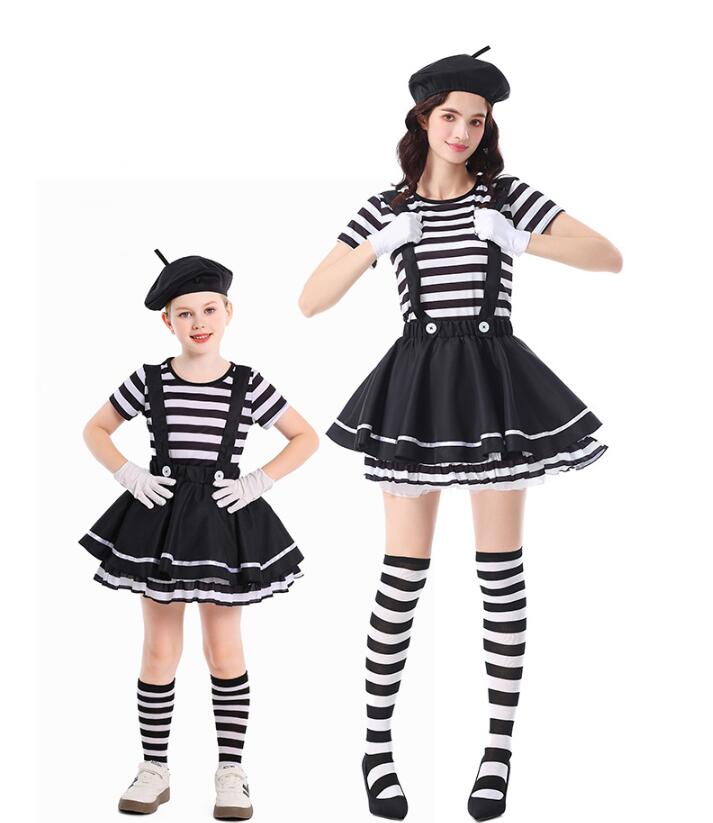 子供～大人 ハロウィン コスプレ衣装 親子ペア ピエロ 変身仮装 女の子 女性 大人 Halloween コスチューム ボーダー柄 サロペットワンピース Tシャツ＋スカート＋グローブ＋帽子＋靴下 5点セット