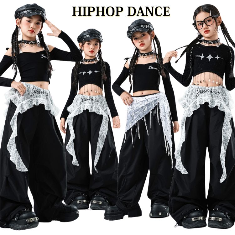 黒 ブラック トップス パンツ カーゴパンツ へそ出し キッズ ダンス セットアップ 韓国 k-pop ヒップホ..