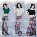 ベリーダンス衣装 セットアップ 練功服 トップス 半袖 肩出し 花柄 スカート スリット入り インナーパンツ ウエストチェーン 民族風 ダンス レッスン着 練習...