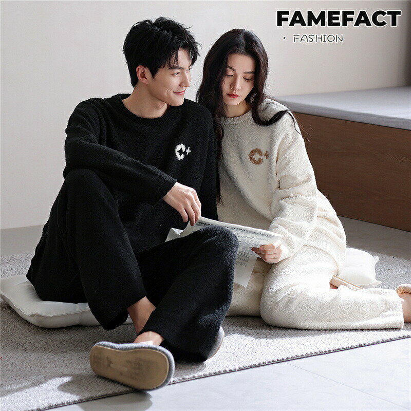 カップルパジャマ ペアパジャマセット ホワイト ブラック 秋冬 前開き フリース 無地 起毛素材 暖かい 上下セット リラックスパジャマ 寝巻き 寝間着 お揃い パジャマ メンズ レディース ペア ルームウェア 肌触りが良い 部屋着 プレゼント ギフト 結婚祝い 送料無料