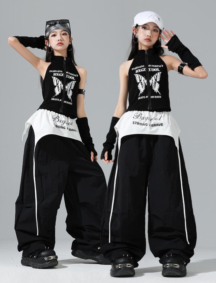 可愛い女の子ダンスウェア　ハイネックカーディガン　蝶柄トップスタンクトップ　サルエルパンツ　キッ..