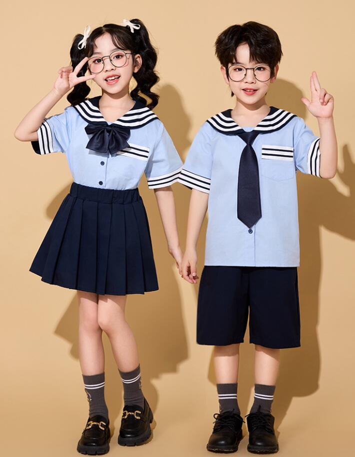 子供学園制服　夏幼稚園セーラー服　キッズマリン風パンツ/スカートセット　セーラー襟半袖tシャツ　靴..