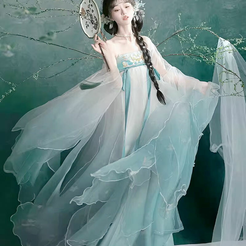 レディース 漢服 2点セット 宋朝 中国古代服装 振り袖羽織付き チャイナ服 ブルー系 大人 花刺繍 華や..