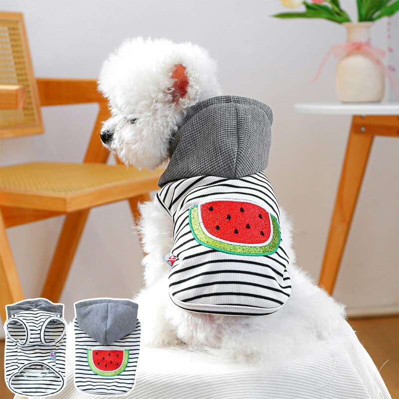 ペットウェア 西瓜デザイン♪ボーダー柄フード付きペットパーカー 犬服 犬の服 猫服犬 猫 犬用 猫用 春 ..