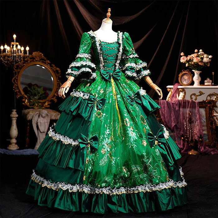 貴族 ドレス 油絵風 お姫様 衣装 カラードレス ロング 宮廷 王族服 お嬢様 舞台衣装 復古 ジュリエット..