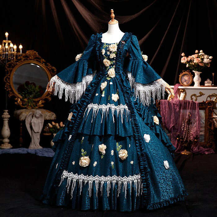 貴族 ドレス 油絵風 お姫様 衣装 カラードレス ロング 宮廷 王族服 お嬢様 舞台衣装 復古 ジュリエット..