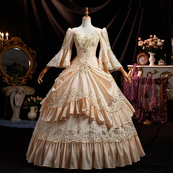 貴族 ドレス 油絵風 お姫様 衣装 カラードレス ロング 宮廷 王族服 お嬢様 舞台衣装 復古 ジュリエット..