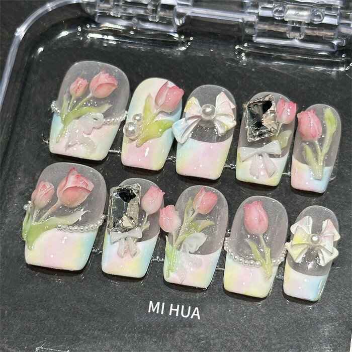 精巧手作り 立体チューリップネイルチップ フレンチ風 上品 透明感 清楚系ネイル ハンドメイド つけ爪 ..