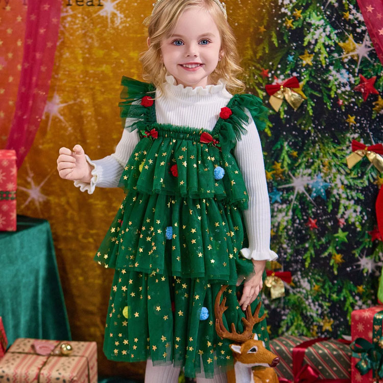 VVマートのクリスマス衣装 子供 女の子 ワンピース ベビー服 クリスマスツリー コスプレ キッズ コスチューム レース ドレス サンタ コスプレ ワンピース ドレス 緑 女 クリスマス 仮装 変装 イベント パーティー cosplay 可愛い かわいい 撮影 写真 プレゼント｜アングル3