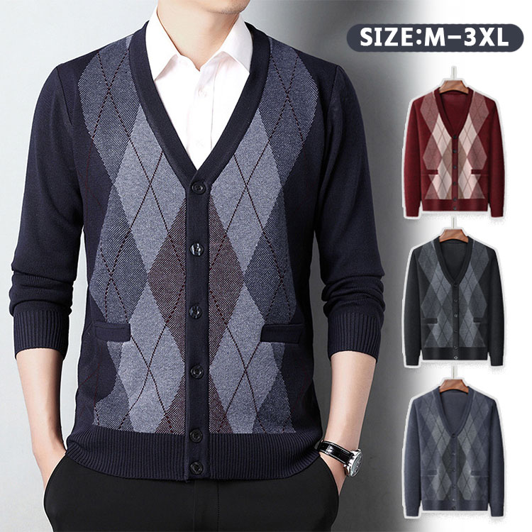 メンズ カーディガン ニットカーディガン ビジネス カジュアル チェック 薄手 敬老の日 前開き ボタン 長袖 シンプル フォーマル 上着 秋服 アウター 父の...