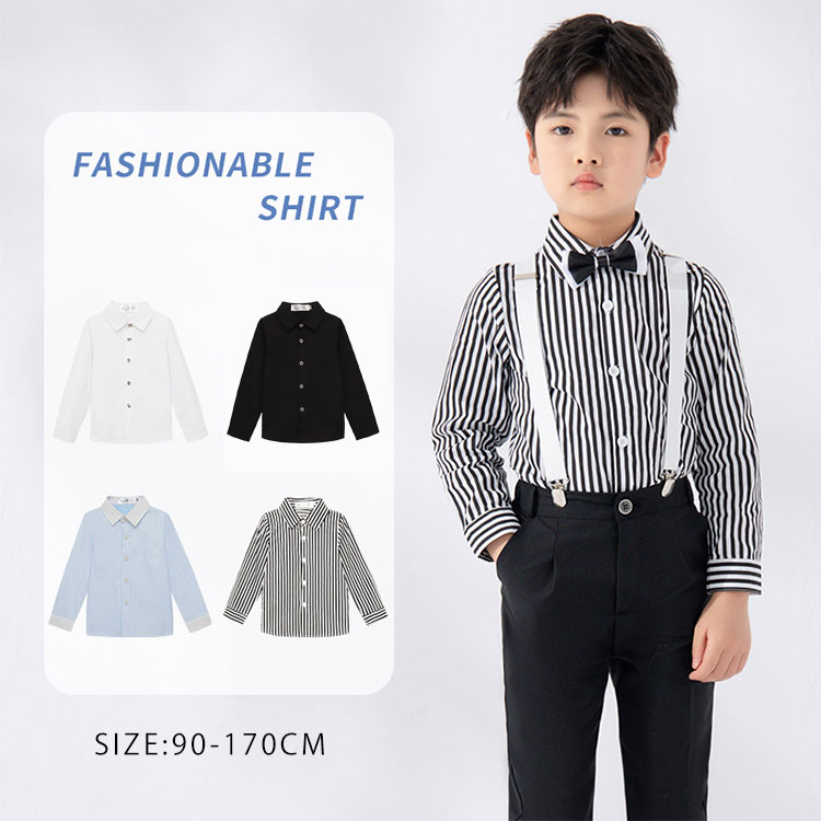 子供 ワイシャツ キッズ 長袖 ジュニア フォーマル シャツ Yシャツ 白 男の子 女の子 スクール 制服 スーツ 春秋 入園式 卒業式 発表会 結婚式 通園 通学 お出かけ 100 110 120 130 140 150 160cm ストライプ柄 ホワイト ブラック ブルー
