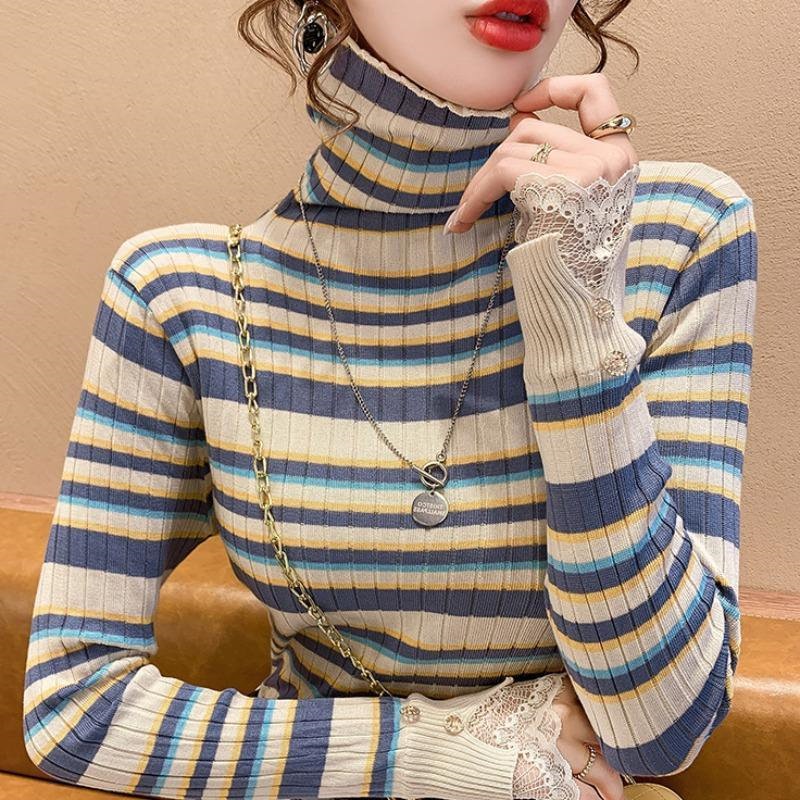 カシミヤタッチゆったりスウェットラウンドネックニット 韓国 おしゃれ オールマッチ ボーダー柄 ニットカーディガン レース切り替え 長袖 上着タートルネックニット LFZ05