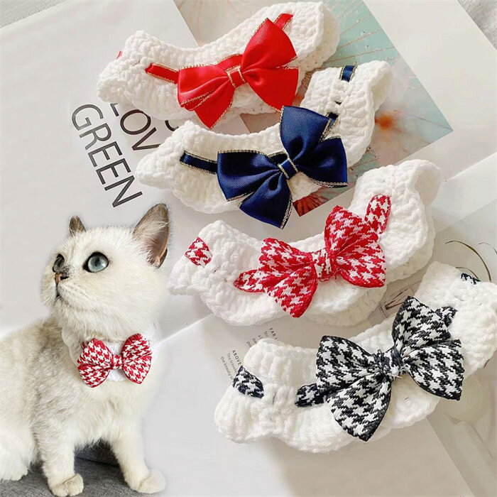 首輪 くびわ 猫 犬 手作り ネコ イヌ ニット 編み物 蝶結び 蝶ネクタイ 無地 千鳥柄 おしゃれ 軽量 キュート かわいい ペット用品 アクセサリー 柔らか...