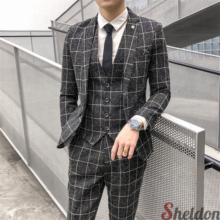 メンズ スーツ スーツセット スリムスーツ 紳士服 ビジネススーツ セットアップ スリーピース 3点セット 上下セット ジャケット ベスト パンツ スラックス 長袖 ロング丈 チェック柄 多色 ビジネス カジュアル ファッション 通勤 新品 結婚式 パーティースーツフォーマル