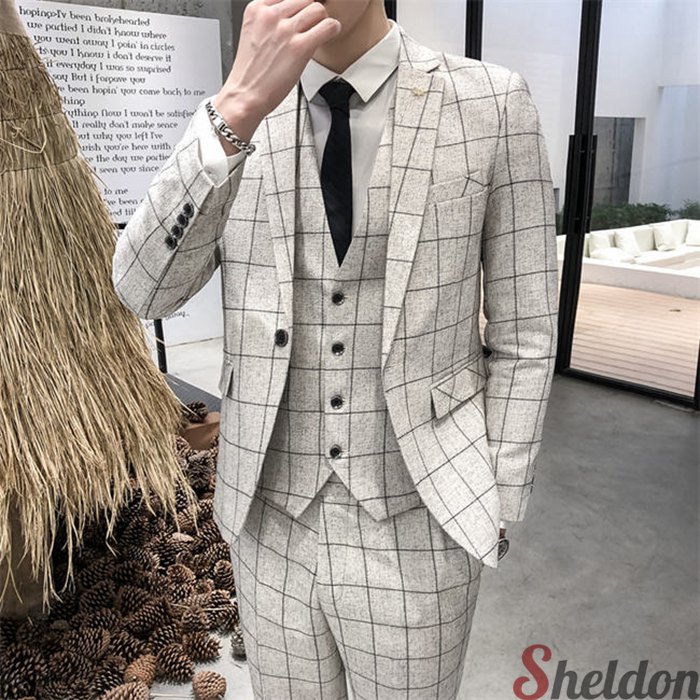 メンズ スーツ スーツセット スリムスーツ 紳士服 ビジネススーツ セットアップ スリーピース 3点セット 上下セット ジャケット ベスト パンツ スラックス 長袖 ロング丈 チェック柄 多色 ビジネス カジュアル ファッション 通勤 新品 結婚式 パーティースーツフォーマル