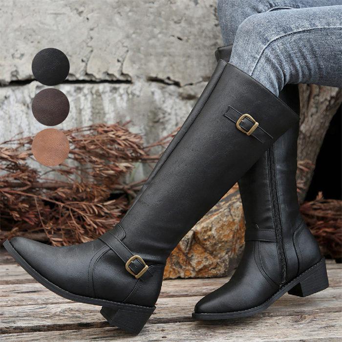 ロングブーツ レディース 春 秋 冬 ブーツ 革靴 3cmヒール サイドジップ ローヒール 太ヒール レザー ..