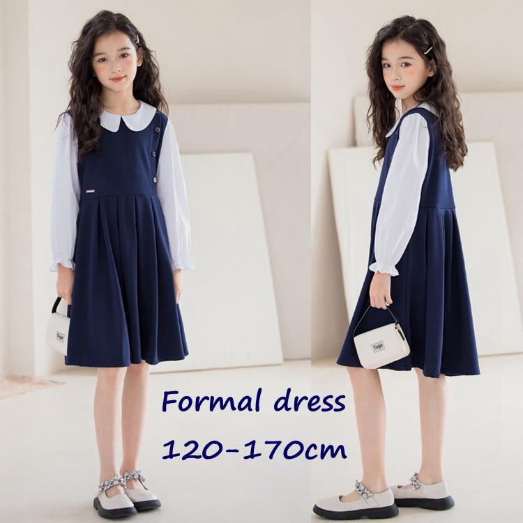 ワンピース 子供服 女の子 キッズ 子供 春 秋 学院風 膝丈 丸襟 長袖 パフスリーブ レイヤード風 重ね着 プリーツ フレアワンピース Aライン ハイウエスト 淑女 おしゃれ 可愛い 七五三 結婚式 入学式 卒業式 小学生 通学 発表会 誕生日 プレゼント 120 130 140 150 160 170