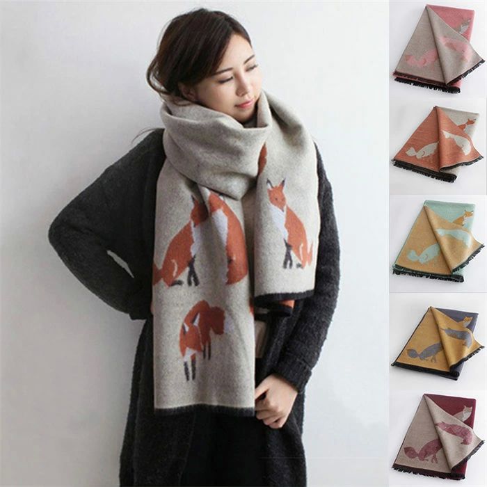 マフラー レデイース 秋 冬 厚手 大判 ストール ショール 動物柄 キツネ タッセル あったか 防寒 防風 ..