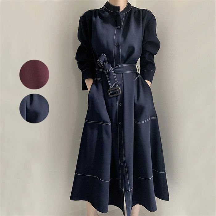 スプリングコート レディース ロング丈 春 秋 長袖 トレンチコート チェスターコート デニムワンピース ロングシャツ マキシ丈 アウター ジャケット コート ワンピース 立ち襟 ベルト付き ポケット付き フォーマル 無地 シンプル 防寒 保温 きれいめ 着痩せ 体型カバー