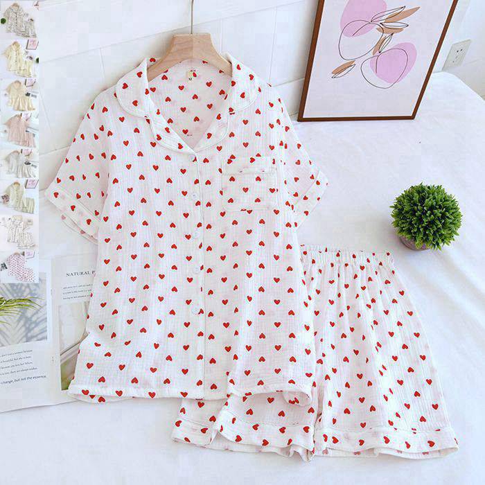 パジャマ レディース ダブルガーゼ セットアップ 上下セット 上下 2点セット 綿 花柄 ハート 総柄 半袖 夏 夏服 パンツセット ショートパンツ 短パンツ ウェストゴム 開襟 胸ポケット付き 半ズボン 薄手 快適 通気性良い 涼しい おしゃれ ルームウェア 部屋着