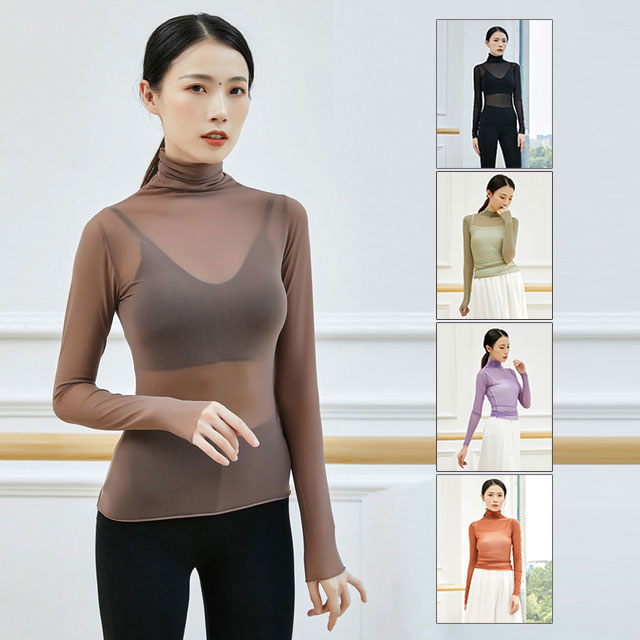 バレエトップス ハイネック レディース 大人 バレエウエア メッシュ チュール 長袖 大人 レッスン着 レ..