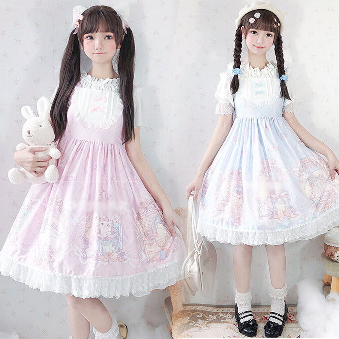 ゴスロリ ロリータ ワンピース キャミ Aライン 可愛い ワンピース 猫 リボン レース 中学生 高学生 舞台 ステージ 衣装 服 コスプレ コスチューム 衣装 イベント 服 ジュニア レディース 身長150cm 160cm プレゼント
