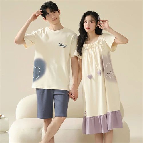 ペア パジャマ 半袖 夏 男女2着 セット メンズ ルームウェア パジャマ 春夏 レディース ワンピース 綿100% ペアパジャマ ギフト おしゃれ カップル ペア 結婚祝い プレゼント スウェット 上下セット 部屋着 パジャマ カップル お揃い プレゼント ペアルック シンプル クマ