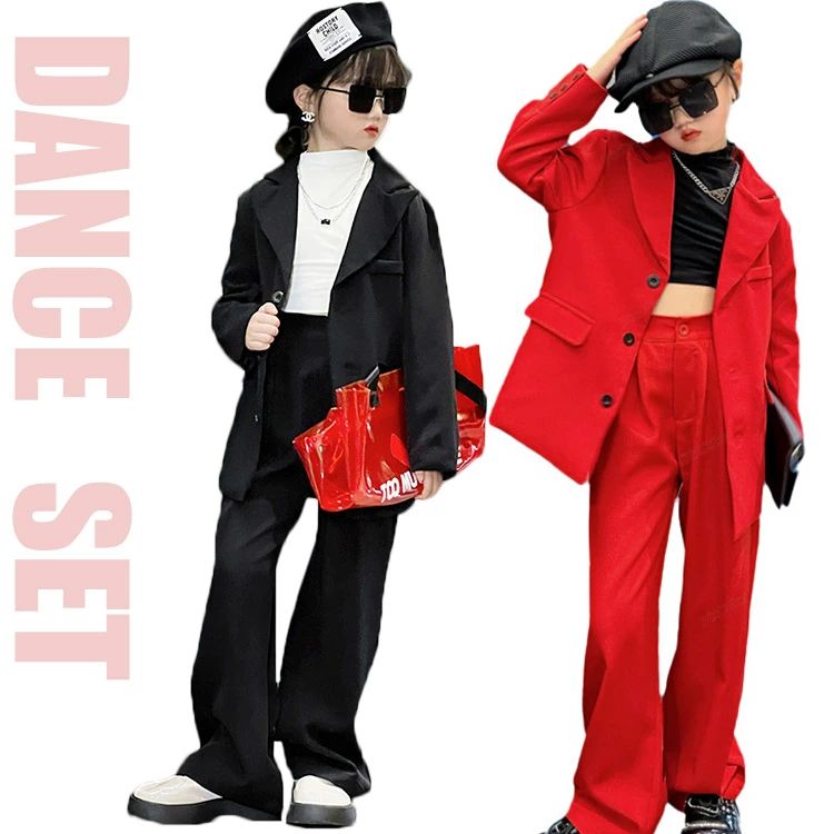 Rakuten - ダンス衣装 スーツ キッズ ダンス衣装 セットアップ 赤 黒 ヒップホップ k-pop 衣装 ブレザー ダンス衣装 ワイドパンツ キッズ へそ出し トップス 韓国 アイドル ジャズダンス 長袖 ダンススーツ k-pop 衣装 スーツ 赤 子供服 ジャケット フォーマルスーツ パンツ